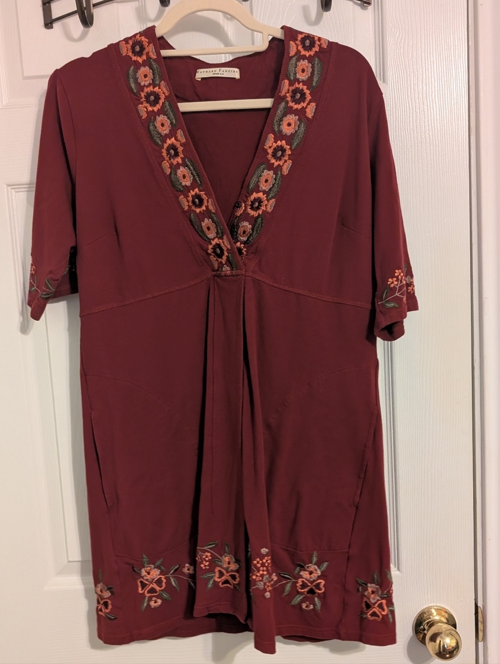 eShakti Wayward FanciesEmbroidered V-Neck Tunic — Deep Burgundy with Floral Trim